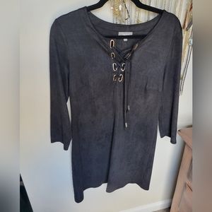 Neiman Marcus black 3/4 sleeve suede like dress w/gold tie & accents sz4